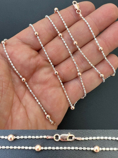 Rose Gold & Real 925 Silver Diamond Cut Ice Sparkle Rope Beaded Chain Necklace