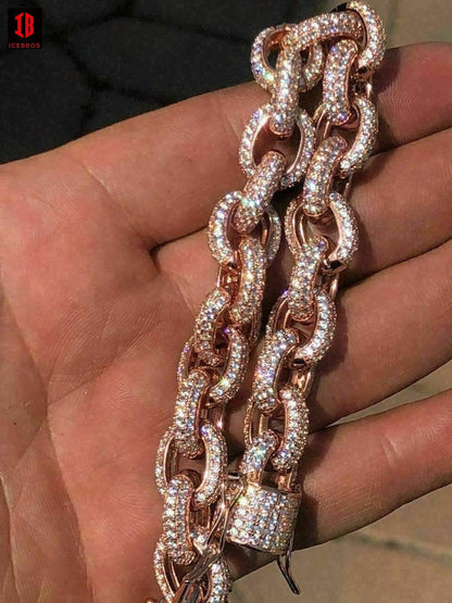 Solid 925 Sterling Silver Mens Thick Heavy Rolo Chain Iced CZ HANDMADE Diamonds Flooded Out (YELLOW GOLD)