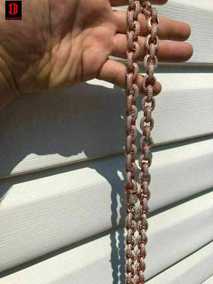 Solid 925 Sterling Silver Mens Thick Heavy Rolo Chain Iced CZ HANDMADE Diamonds Flooded Out (ROSE GOLD)