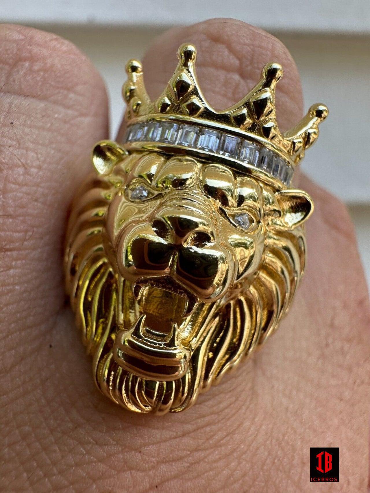 Lion W. Moissanite Baguette Crown 3D Mens Ring - White Gold Over Real 925 Silver