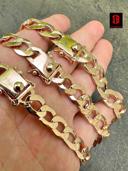 Flat ITALY Curb Cuban Link Chain Bracelet 14K Gold Over 925 Sterling Silver Sleek Boxed Clasp