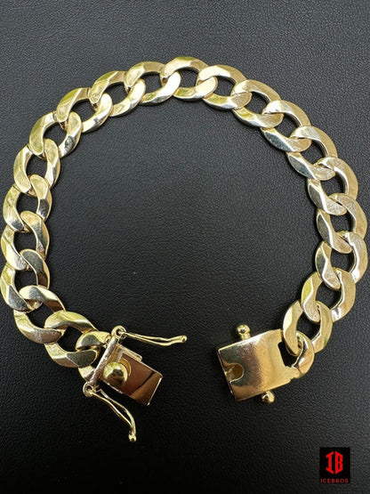 Flat ITALY Curb Cuban Link Chain Bracelet 14K Gold Over 925 Sterling Silver Sleek Boxed Clasp