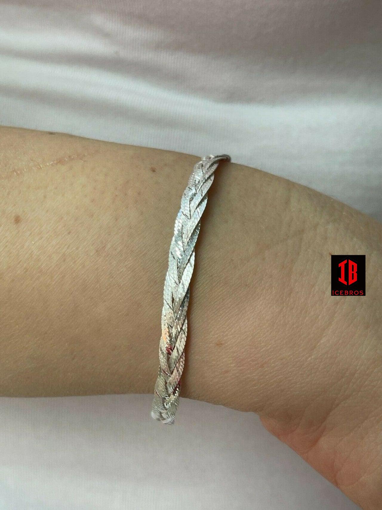 Solid 925 Sterling Silver Ladies 6mm Twisted Braided Herringbone Bracelet ITALY