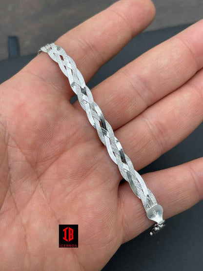 Solid 925 Sterling Silver Ladies Diamond Cut Twist Braided Herringbone Bracelet