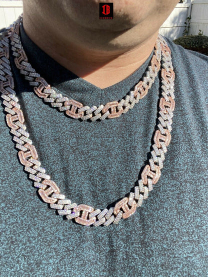 Solid 925 Silver & ROSE Gold Mens Figarucci Gucci Link Prong Cuban Chain Hip Hop