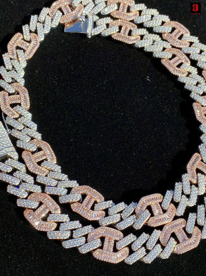 Solid 925 Silver & ROSE Gold Mens Figarucci Gucci Link Prong Cuban Chain Hip Hop