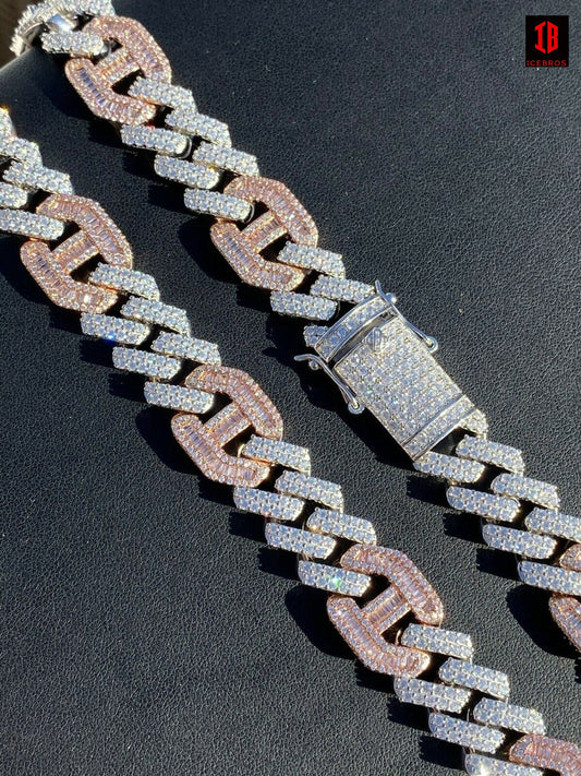 Solid 925 Silver & ROSE Gold Mens Figarucci Gucci Link Prong Cuban Chain Hip Hop