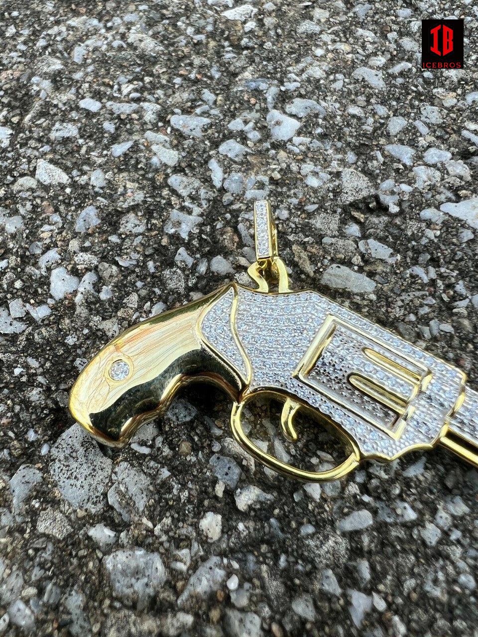 Real 925 Silver 18K Gold Iced Vintage Pistol Revolver Gun HipHop Pendant Necklace