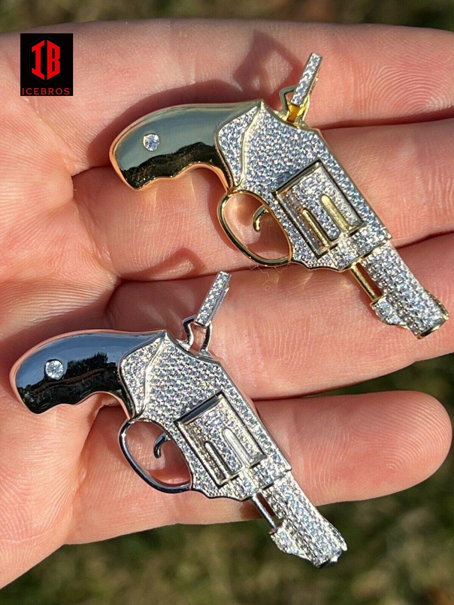 Real 925 Silver 18K Gold Iced Vintage Pistol Revolver Gun HipHop Pendant Necklace