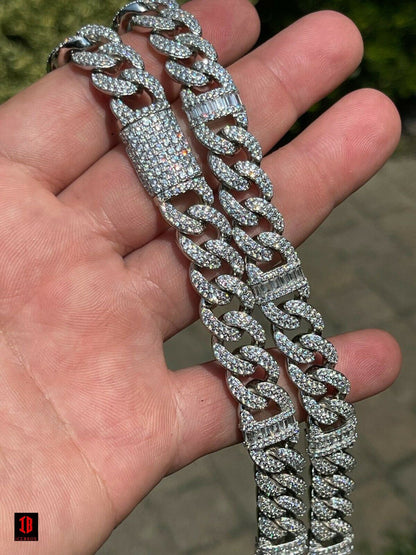 Solid 925 Silver Mens Figarucci Gucci Link Cuban Chain Iced Baguette Diamond Out