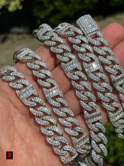 Solid 925 Silver Mens Figarucci Gucci Link Cuban Chain Iced Baguette Diamond Out