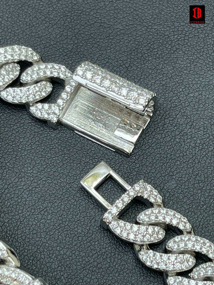 Solid 925 Silver Mens Figarucci Gucci Link Cuban Chain Iced Baguette Diamond Out