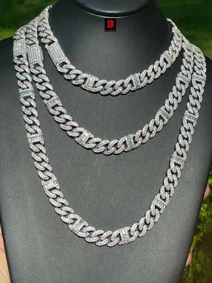 Solid 925 Silver Mens Figarucci Gucci Link Cuban Chain Iced Baguette Diamond Out