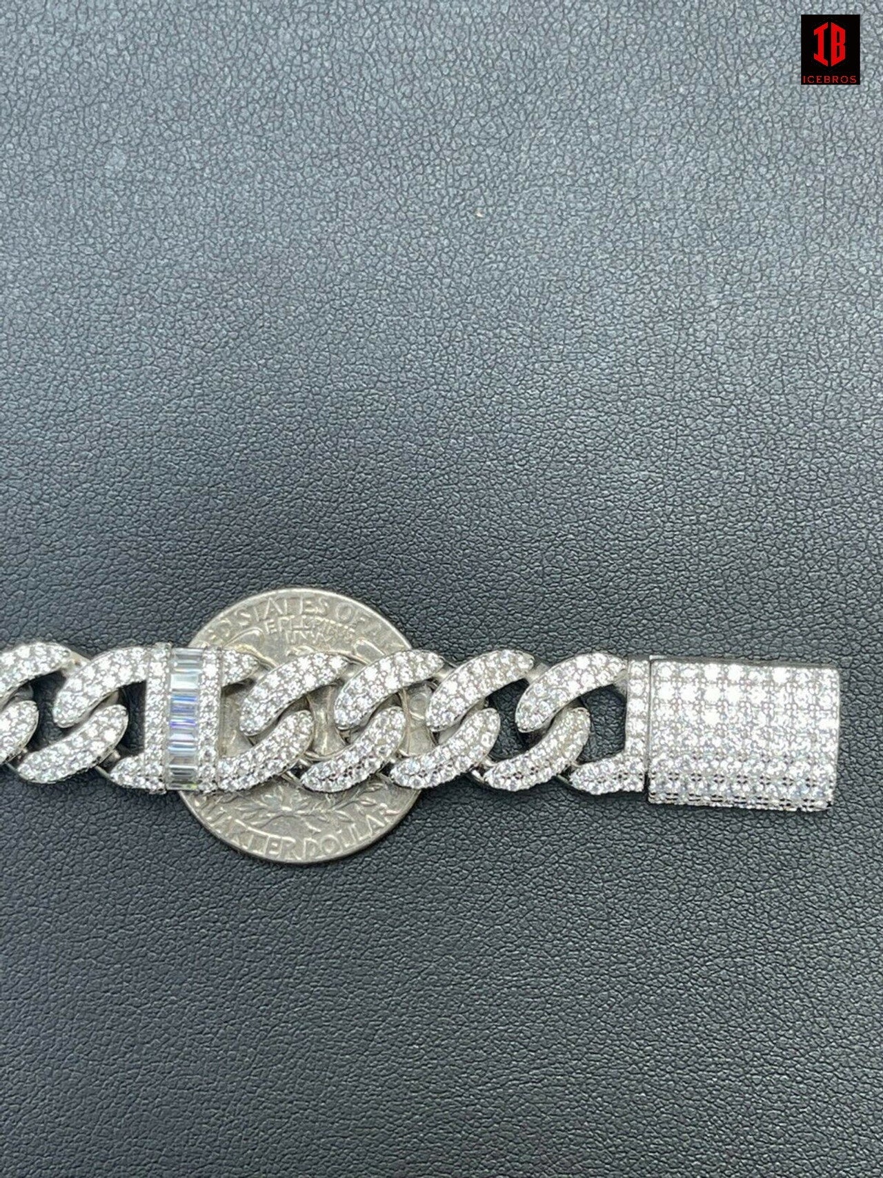 Solid 925 Silver Mens Figarucci Gucci Link Cuban Chain Iced Baguette Diamond Out