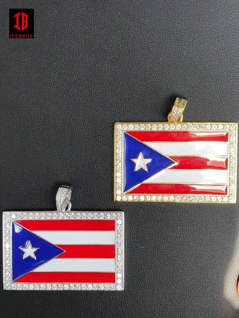 925 Silver Puerto Rico Enamel Flag Pendant 2" Wide BORICUA Rican Chain 14k Gold