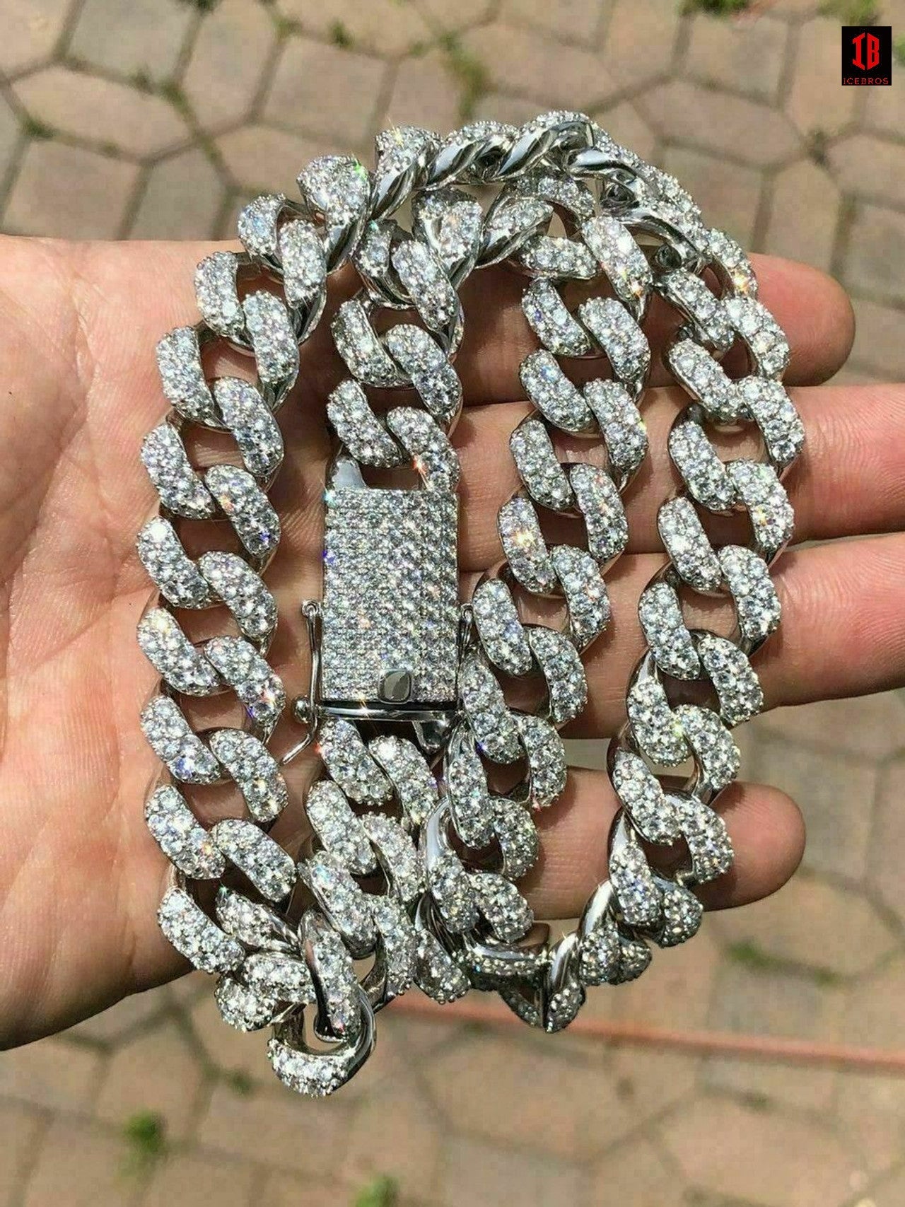 WHITE GOLD Real Miami Cuban Link Chain Iced Diamond Out Solid 925 Sterling Silver Necklace