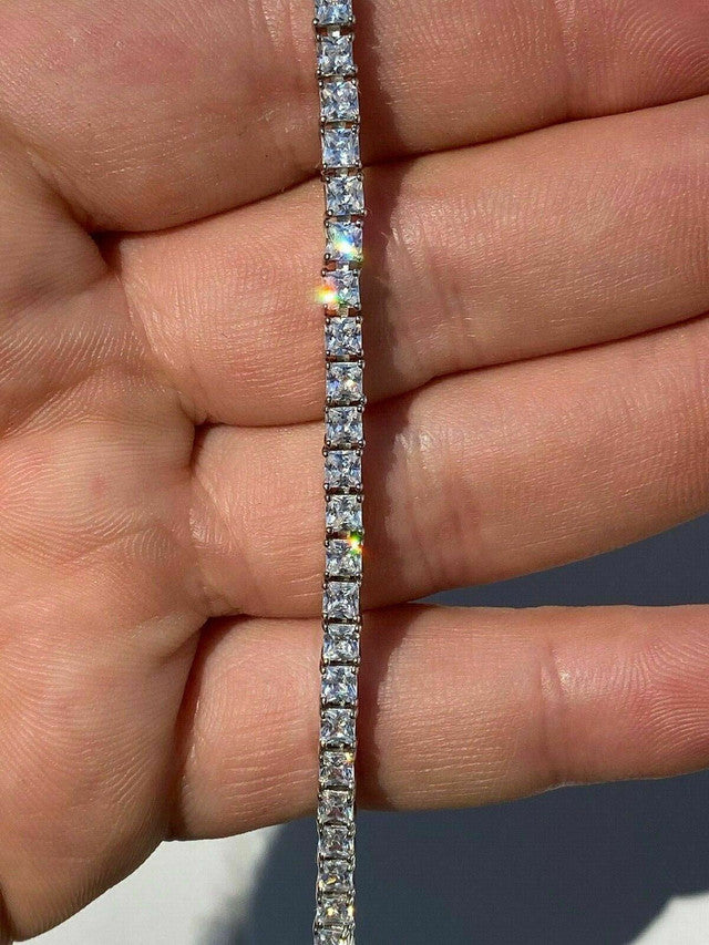 SOLID 925 Sterling Silver 3mm Tennis Bracelet 1 Row Princess Baguette Diamond