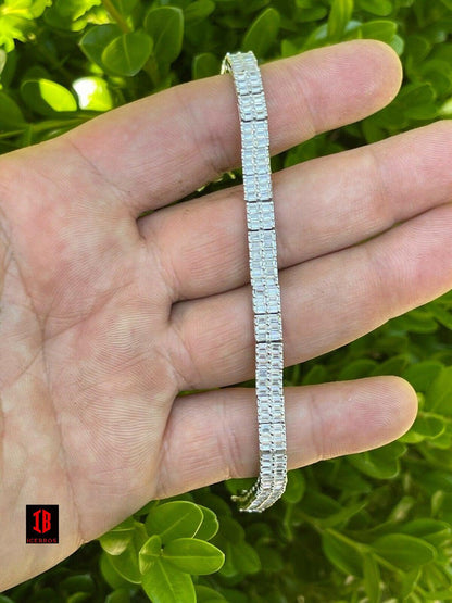 SOLID 925 Sterling Silver Baguette Tennis Bracelet ICED Diamond Necklace Hip Hop