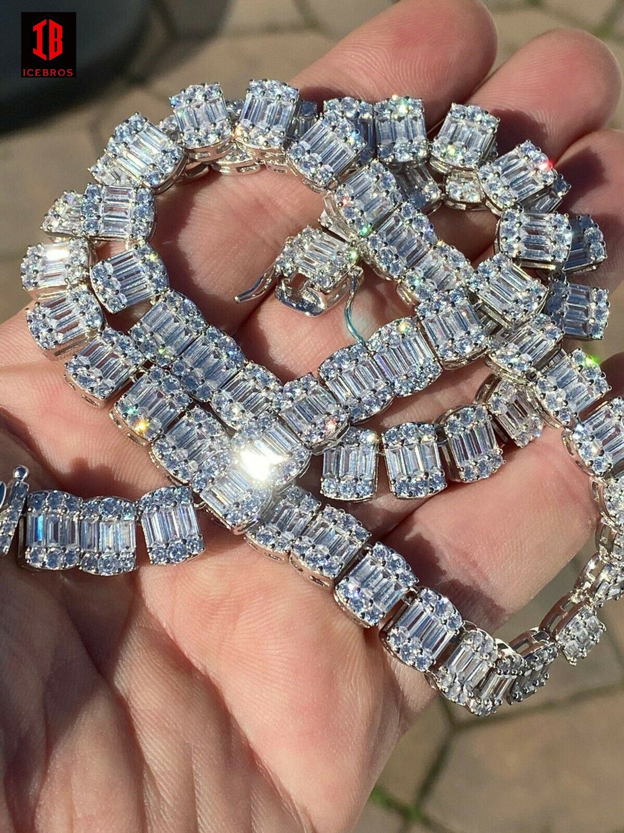 Fine 925 Sterling Silver Men's 11mm Baguette Tennis Chain Real Iced Diamond Hip Hop
