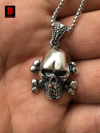 925 Sterling Silver Pirate Skull Crossbones Men's Punk Pendant + 22” Chain