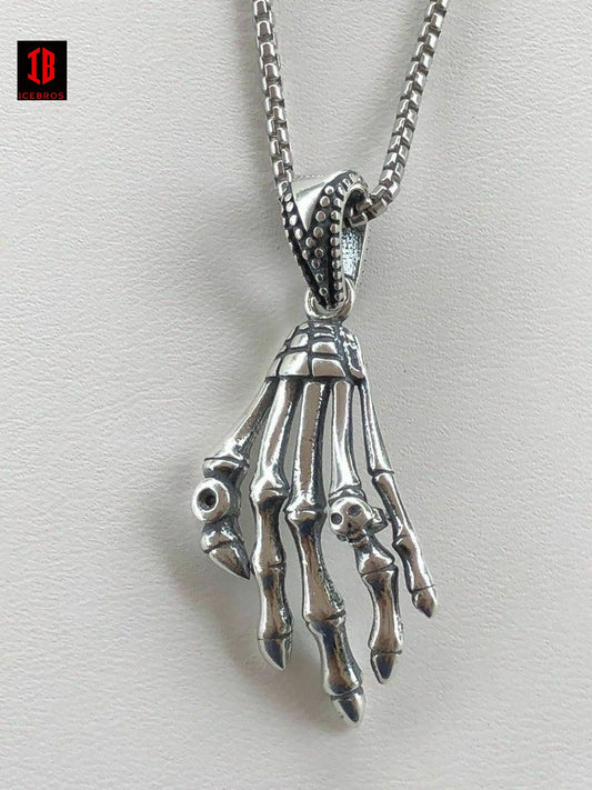 925 Sterling Silver Skeleton Hand Skull Men's Biker Goth Pendant 22” Chain