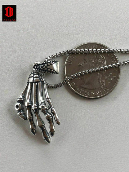 925 Sterling Silver Skeleton Hand Skull Men's Biker Goth Pendant 22” Chain