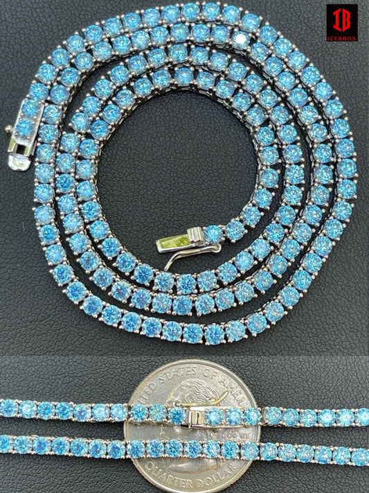 Tennis Necklace Fine 925 Sterling Silver Aquamarine Blue Diamond Necklace