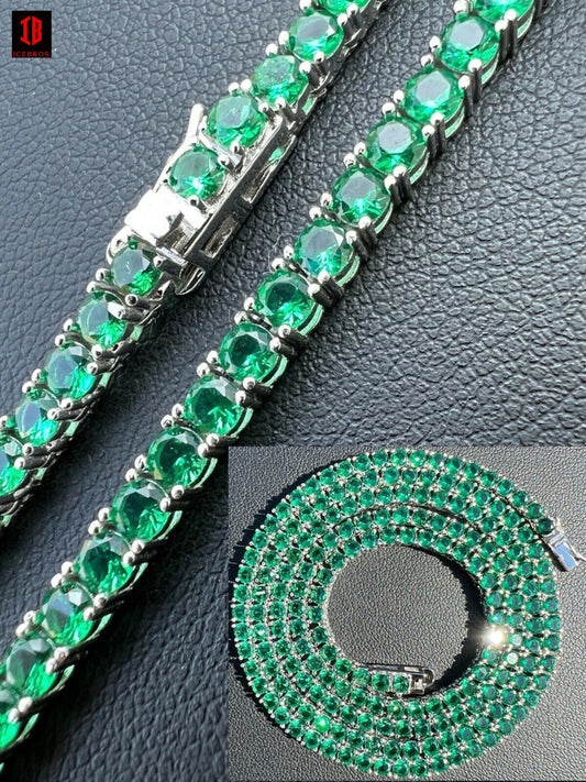 Tennis Chain Fine 925 Sterling Silver Green Emerald Diamond Necklace 16-28" 3mm