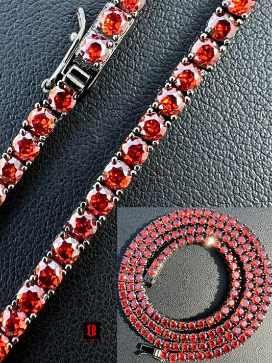 Tennis Chain Fine 925 Sterling Silver Red Ruby Diamond Necklace 16-28inch 3mm Iced