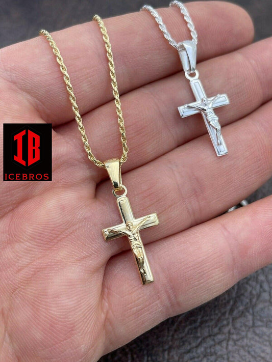 unisex 925 Silver Plain Micro Gold Cross Crucifix Pendant Necklace Small 1inch - Flawless Karat